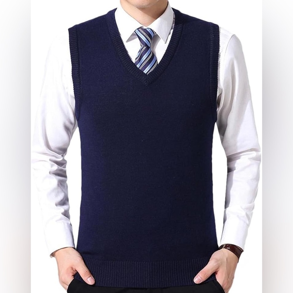 Amazon Essentials Wool Navy Blue Sleeveless V-Neck Knit Sweater Vest Size Large